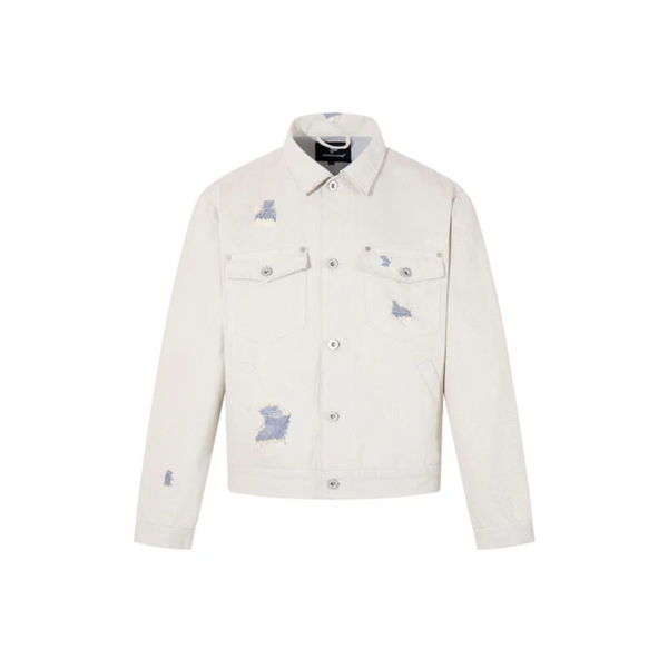 White Distressed Denim Jacket with Blue Patch Detailing