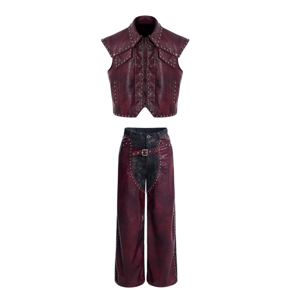 Studded Leather Two-Piece Set - PU Vest & Wide-Leg Pants