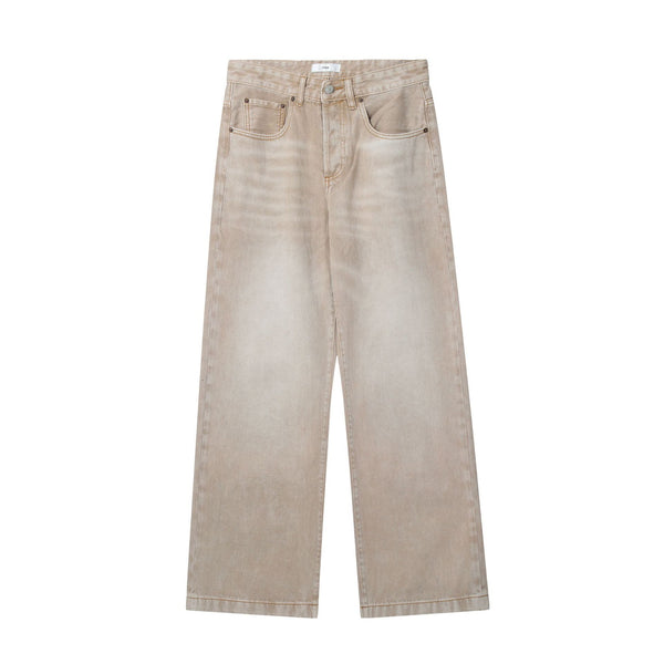 Beige Distressed Baggy Wide Leg Jeans
