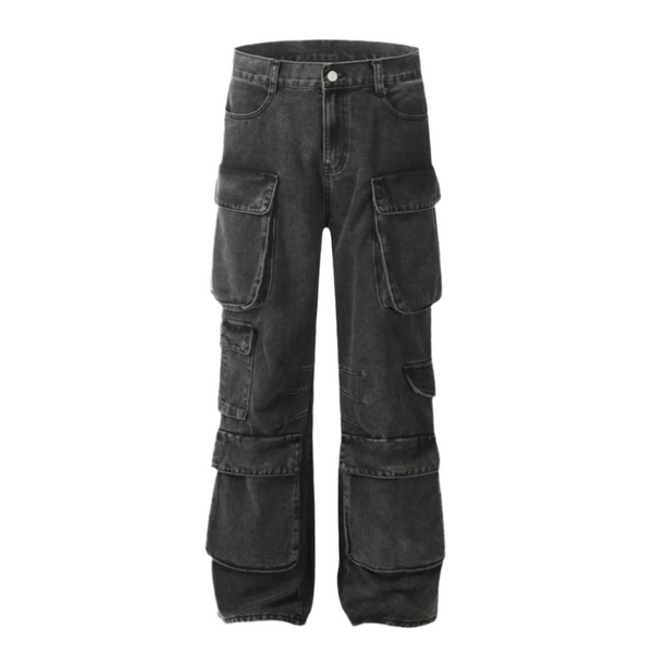 Black Multi Pocket Cargo Wide Leg Denim Jeans