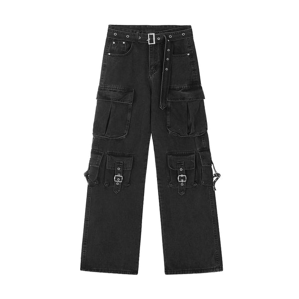 Buckle Cargo Denim Pants - Wide Leg Streetwear Trousers