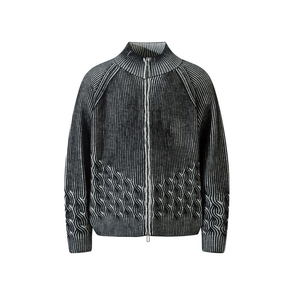 Black ribbed knit sweater with cable knit details on a white background