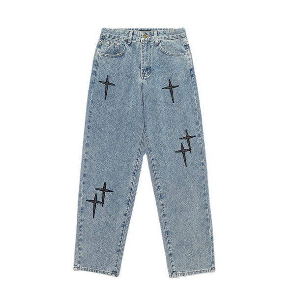 Cross Embroidered Denim Jeans