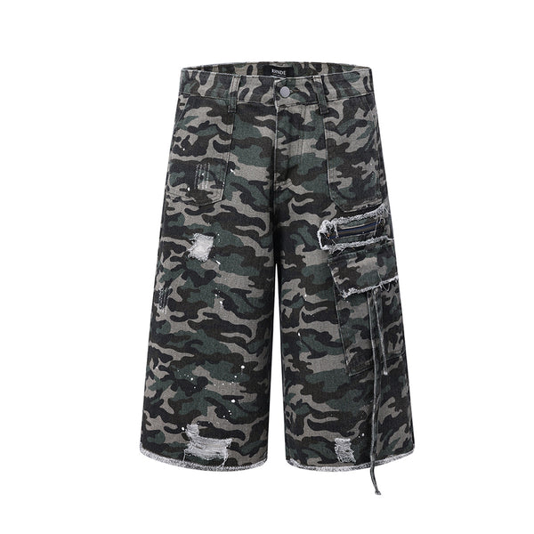 Denim Distressed Camo Wide Leg Cargo Shorts