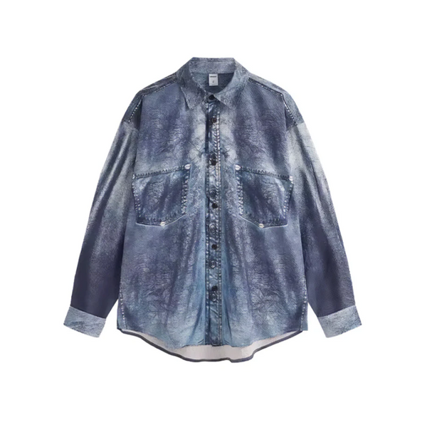 Blue digital print denim shirt on a white background