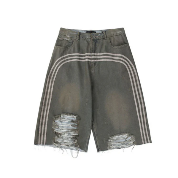 Distressed Denim Shorts with Side Stripes