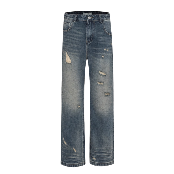 Distressed Retro Washed Loose Straight Jeans – Scratched & Damaged