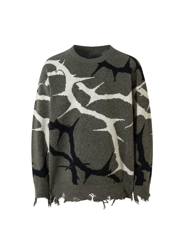 Distressed Thorn Pattern Knit Sweater