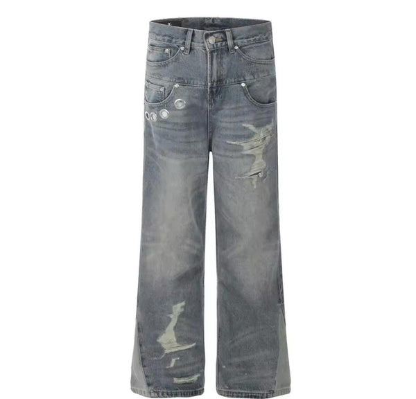 Distresssed Washed Splicing Flared Jeans