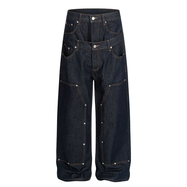 Double-Waist Loose Deconstructed Stud Wide Leg Raw Denim Jeans