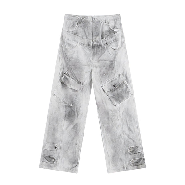 Double Waist Cargo Jeans - Wide Leg Utility Cotton Distressed Streetwear Denim