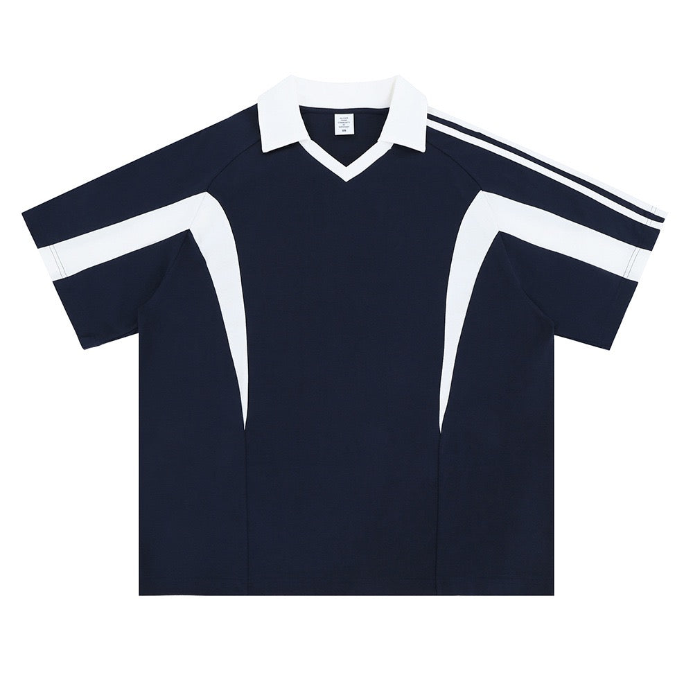 Navy blue polo shirt with white accents on a white background