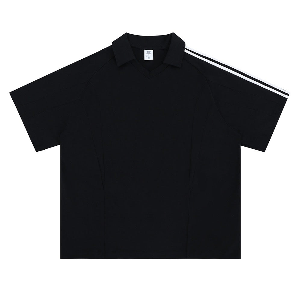 Black polo shirt with white stripes on a white background