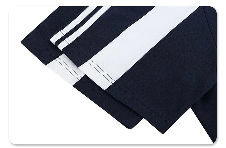 Navy blue shorts with white stripes on a white background