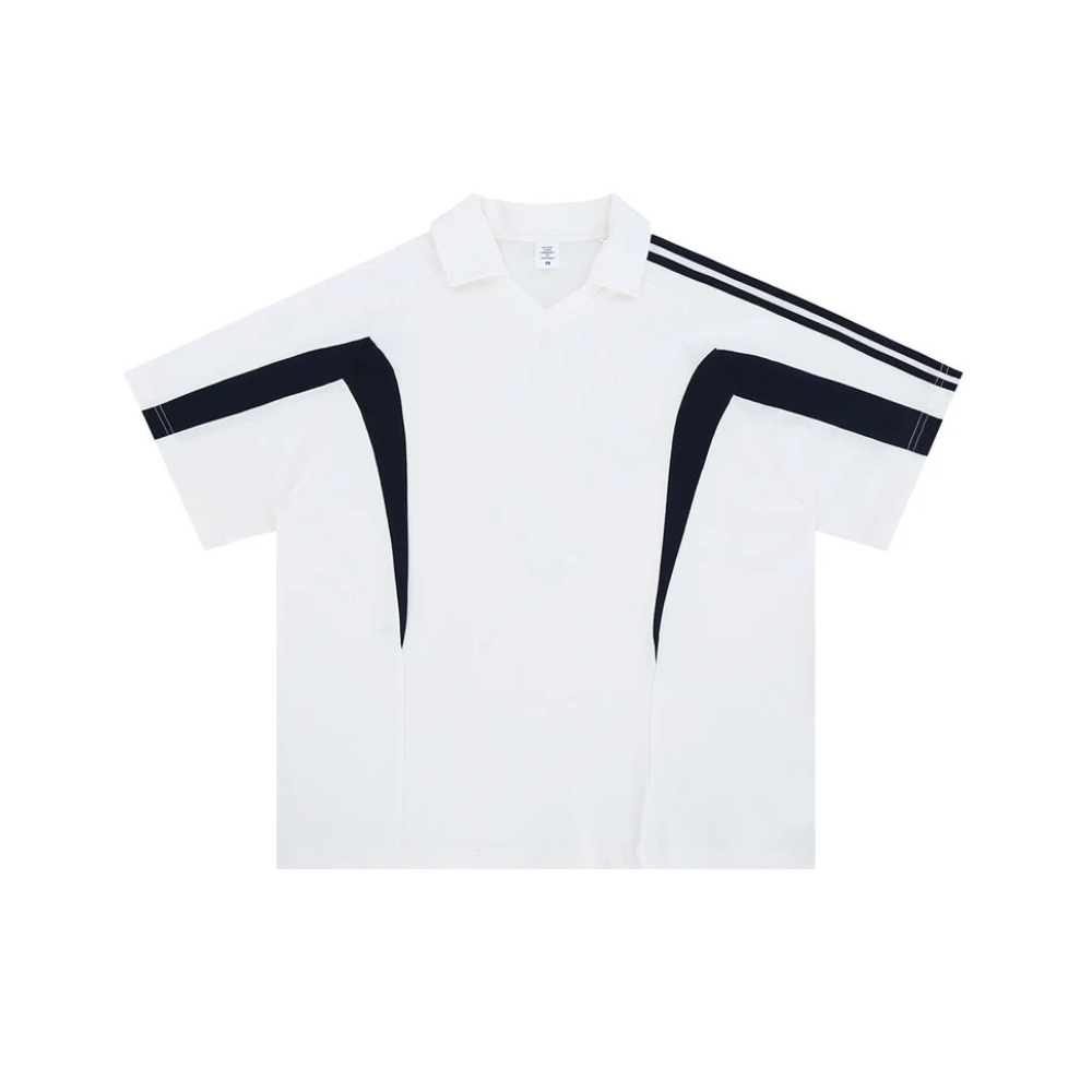 White shirt with black accents on a white background