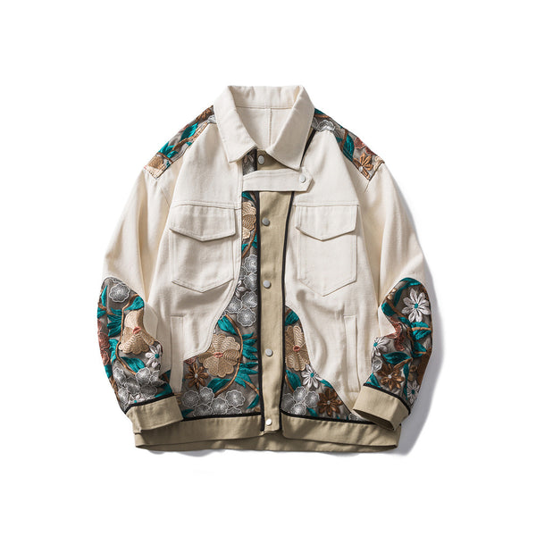 Embroidered Floral Patchwork Jacket - Khaki Cotton Work Jacket