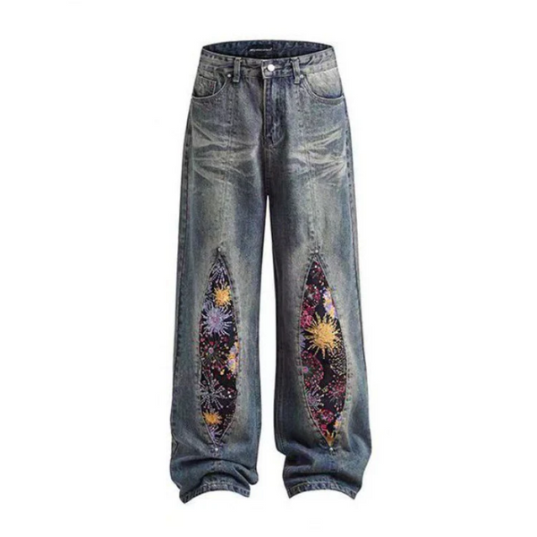 Floral Sequin Patchwork Wide Leg Jeans