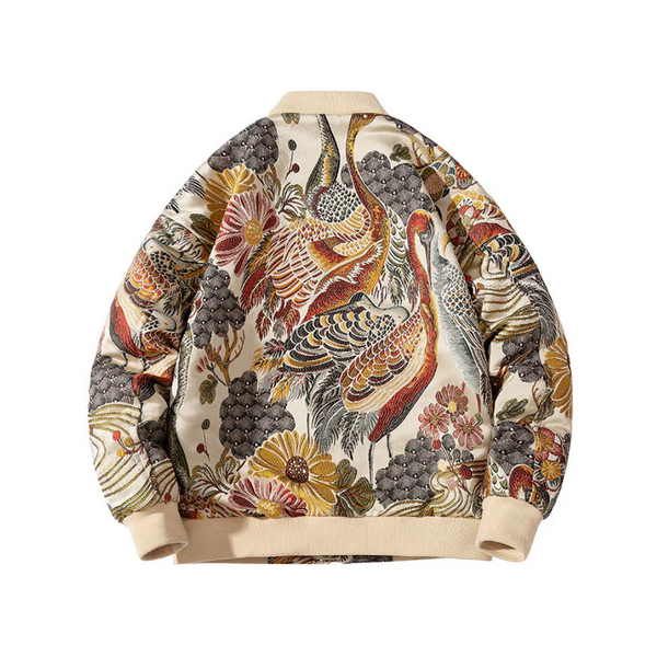 Floral Sukajan Souvenir Embroidery Jacket, Men's Embroidered Crane Bomber Jacket