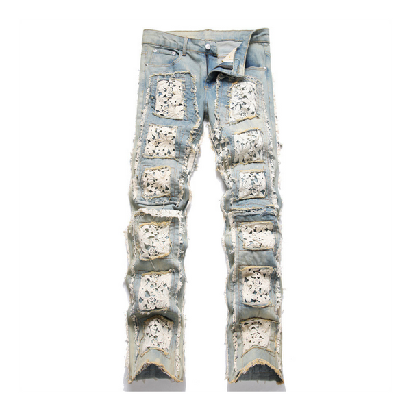 Flower Embroidery Fringe Patch Wide Leg Denim Jeans, Indigo Distressed Jeans