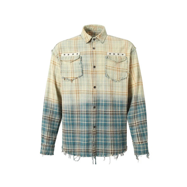 Gradient Plaid Frayed Long Sleeve Shirt