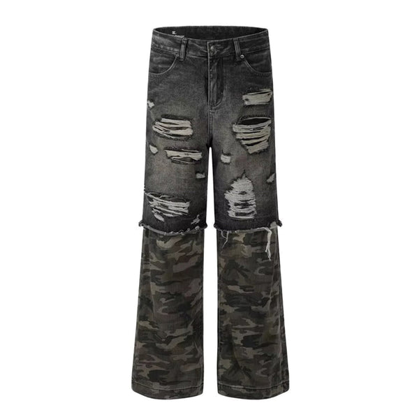Hybrid Distressed Camo Jeans - Wide Leg Military Streetwear Cotton Cargo Denim