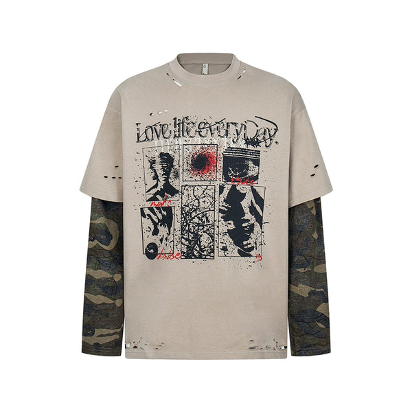 Layered Graphic Camo Sleeves Long-Sleeve Shirt