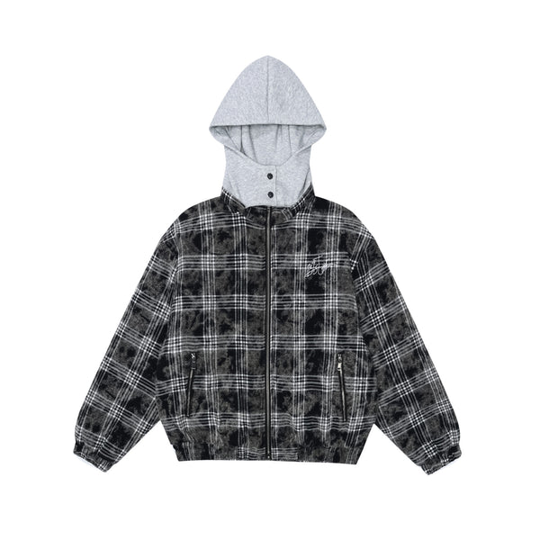 Layered Plaid Bomber with Detachable Hood