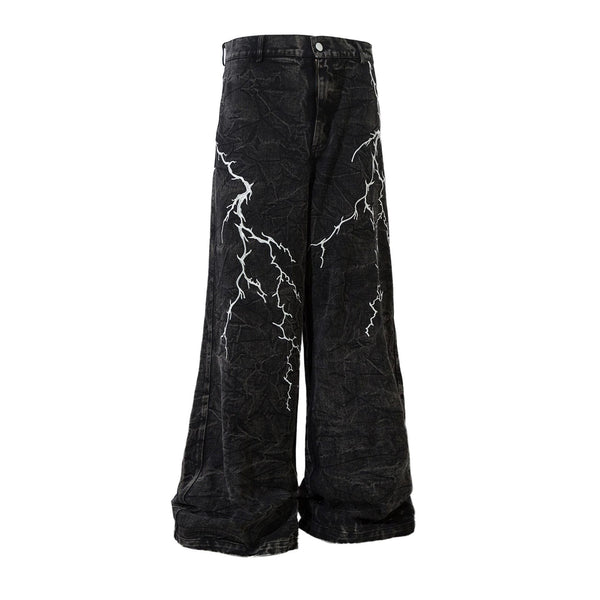 Lightning Embroidered Washed Loose Long Denim Jeans