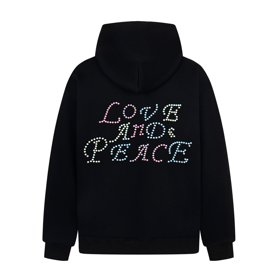 Black hoodie with 'LOVE AND PEACE' text in rhinestones on a white background