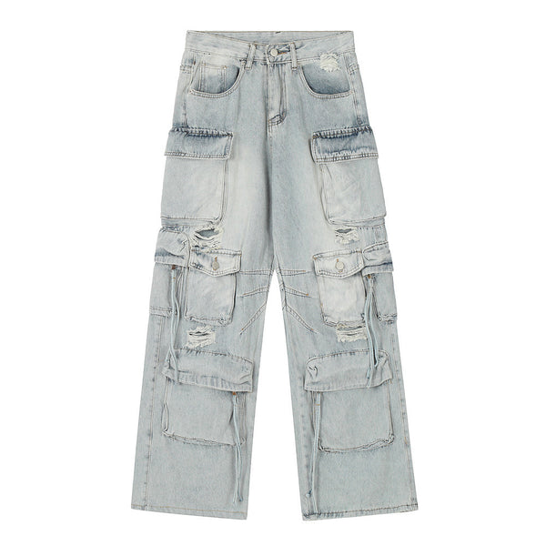 Multi Pocket Wide Leg Cargo Distressed Denim Jeans