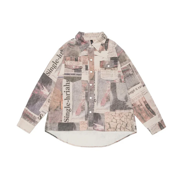 Retro Newspaper Print Oversized Shirt