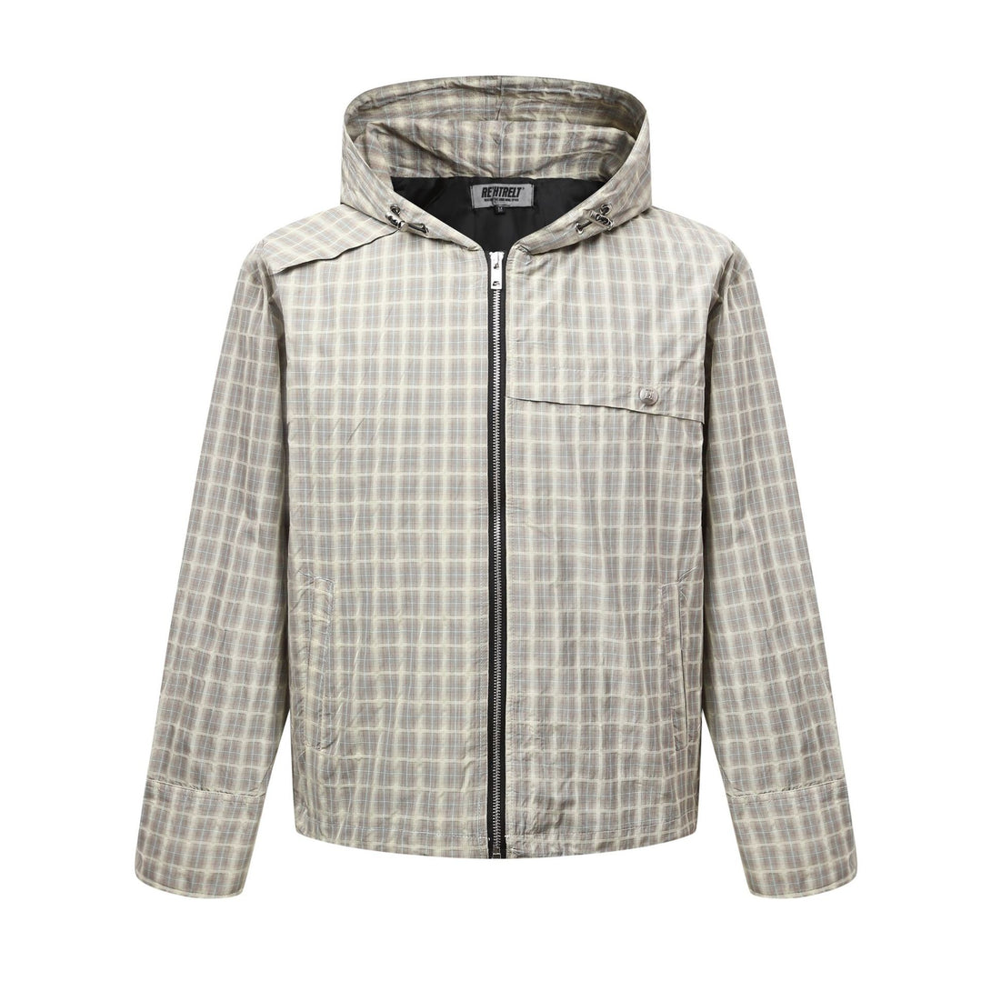 K611美式复古小众解构正肩型格子连衣裙男式短款风衣外套