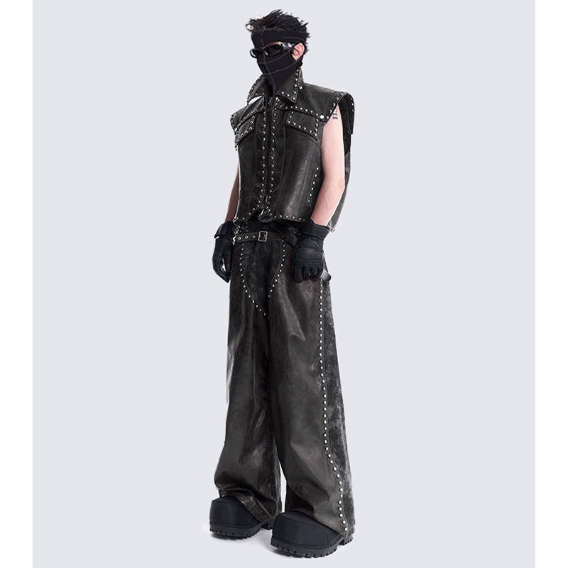 2025欧美女工锘锨皮裤男童失魂机车服套裙修身酷感暗黑