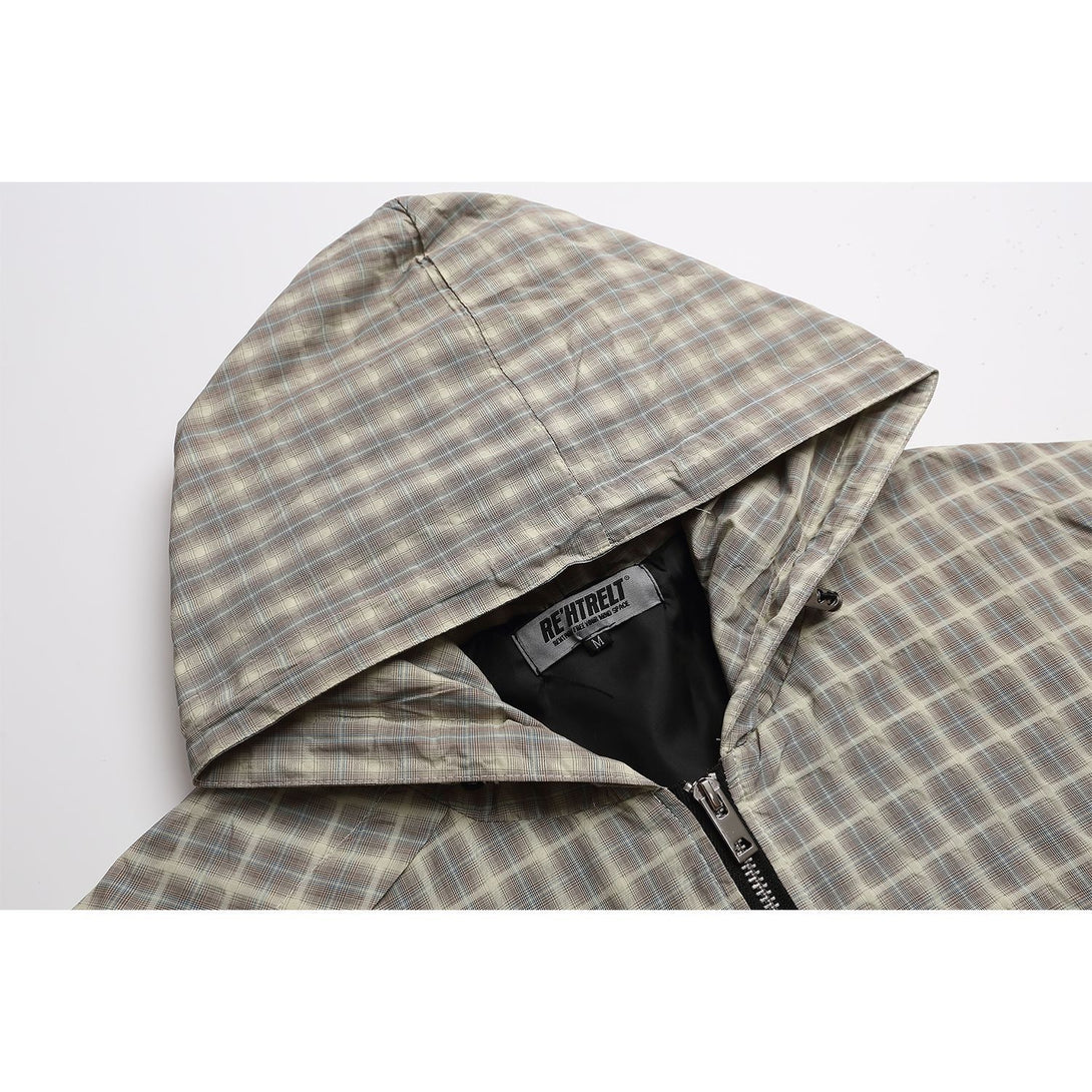 K611美式复古小众解构正肩型格子连衣裙男式短款风衣外套