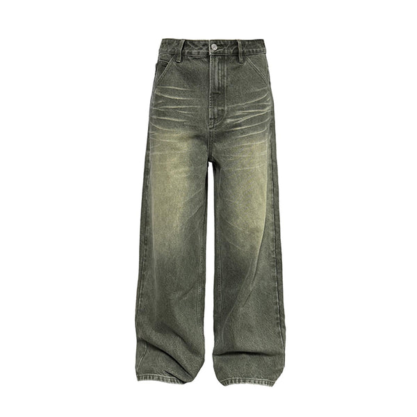 Olive Green Whiskered Baggy Wide Leg Denim Jeans