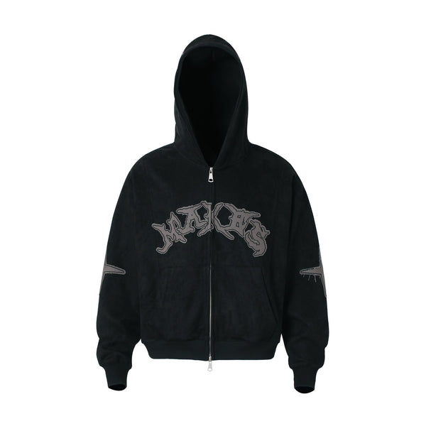 Ornate Script Letters Suede Zip Hoodie