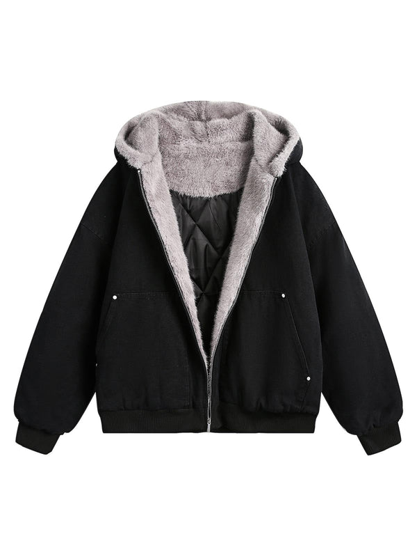 Plush-Lined Hooded Bomber Jacket