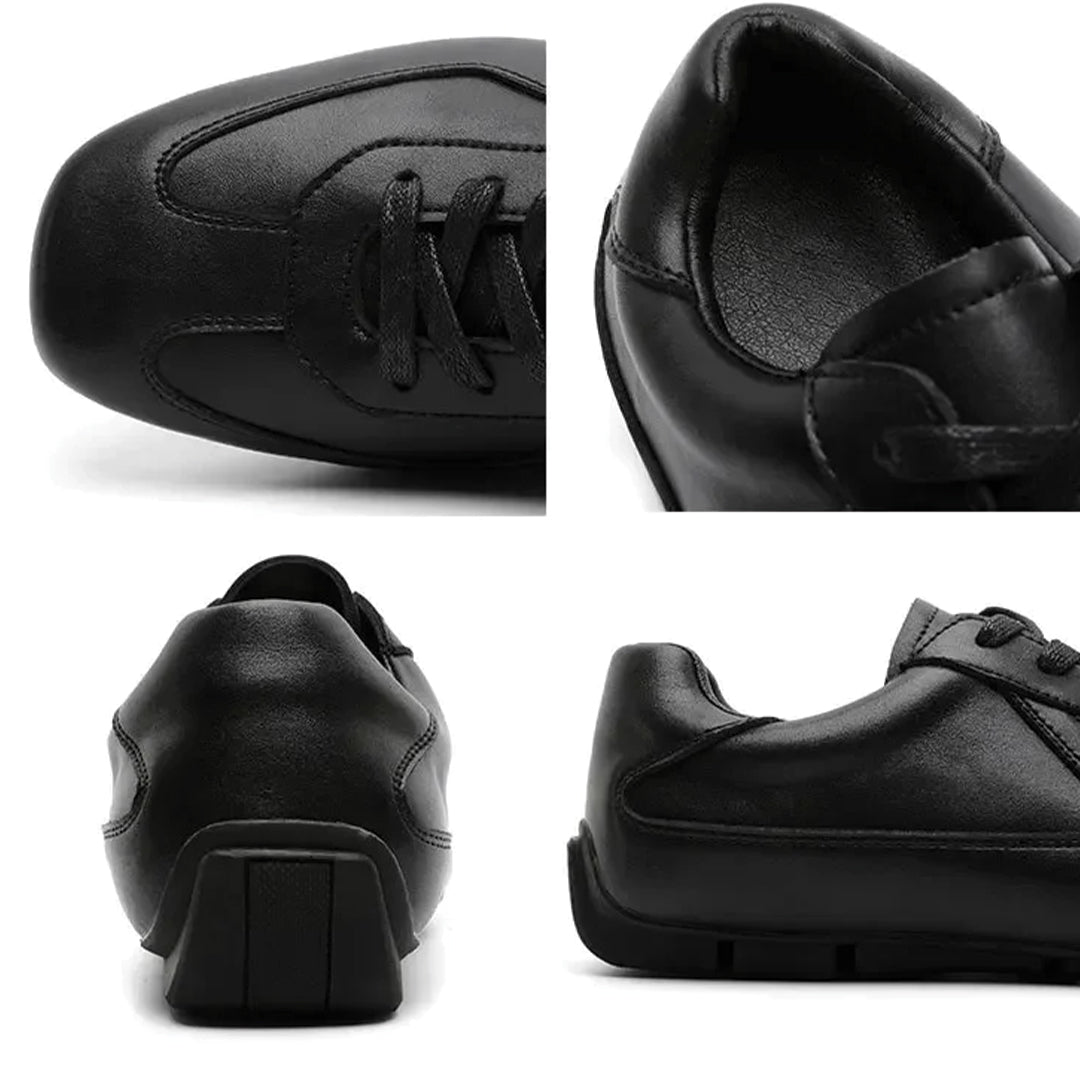 Black leather shoes shown from multiple angles on a white background