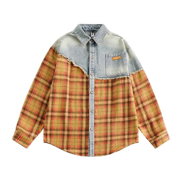 Reconstructed Denim-Plaid Hybrid Shirt
