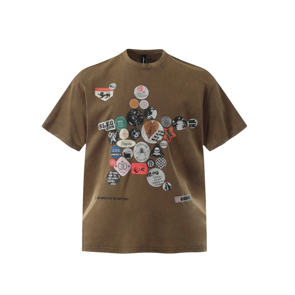 Retro Brown t-shirt with various colorful stickers on a white background