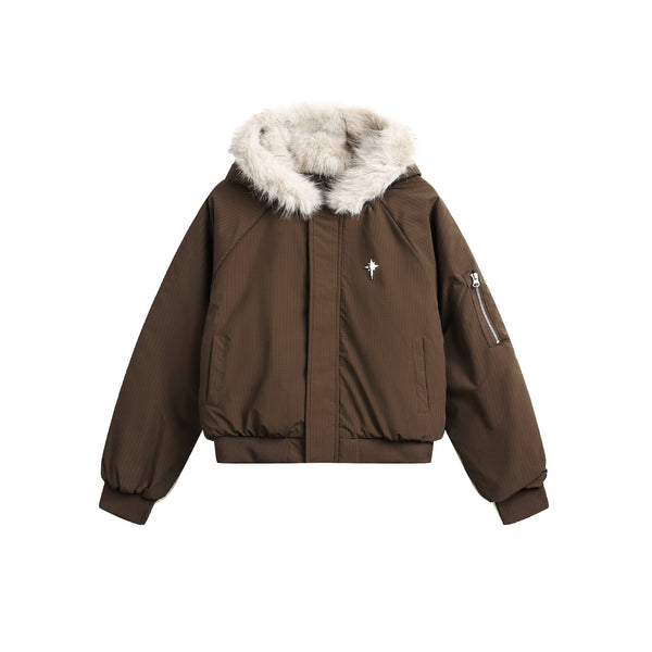 Retro Fur Hooded Fleece Bomber Jacket