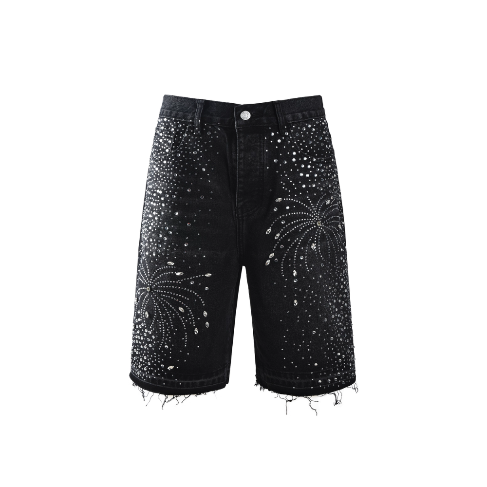 Black denim shorts with rhinestone embellishments on a white background