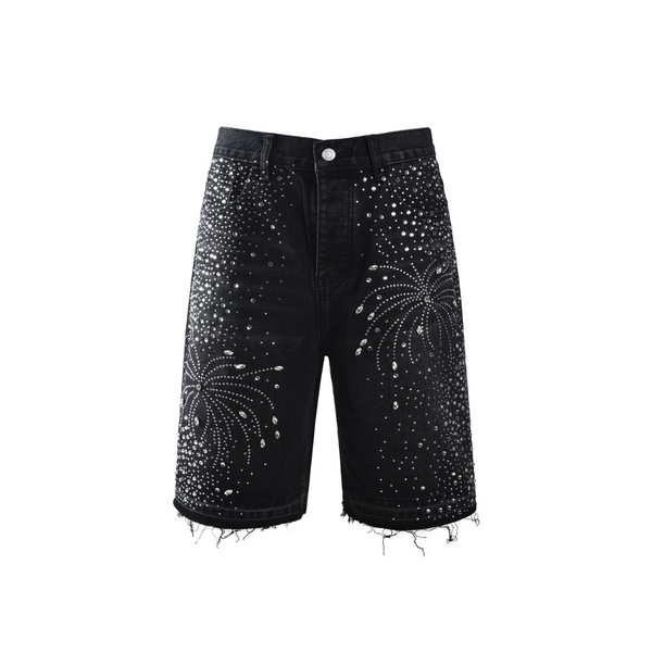 Black denim shorts with rhinestone embellishments on a white background