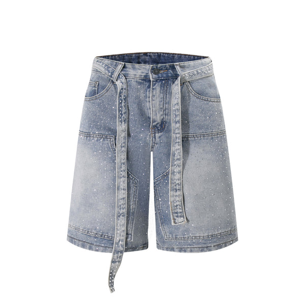 Rhinestone Wide Leg Belt-Tie Jean Shorts