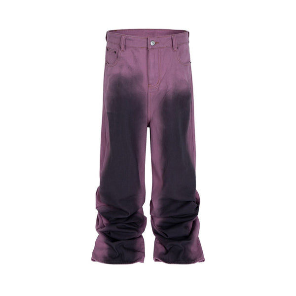 Ruched Hem Wide Leg Jeans - Dip Dye