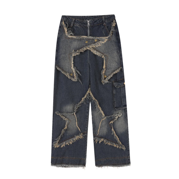 STAR Embroidered Baggy Wide Leg Cargo Denim Jeans