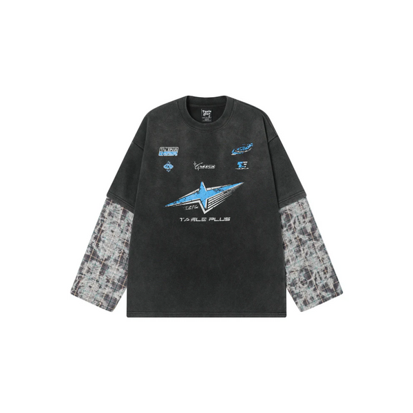 Star Bleached Faux Two-Piece Racing Long Sleeve Tee