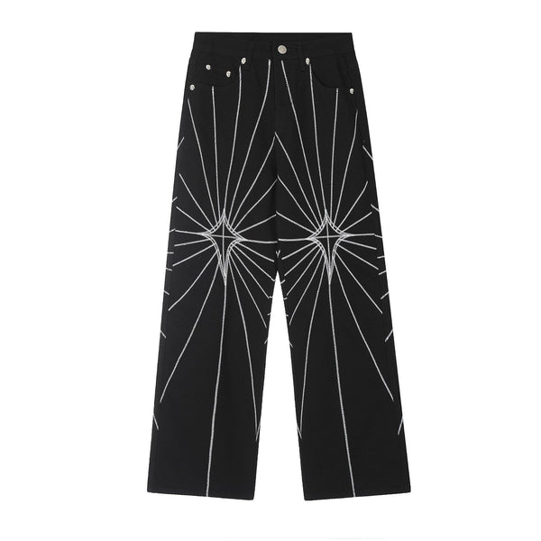 Starburst Embroidered Wide Leg Jeans - Geometric Radial Pattern