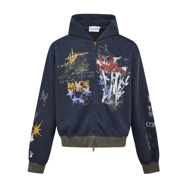 Statement Graffiti Paint Splash Print Hoodie Full Zip-Up
