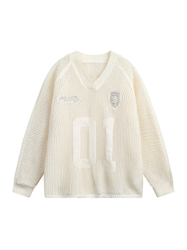 Varsity Style Perforated Knit Sweater